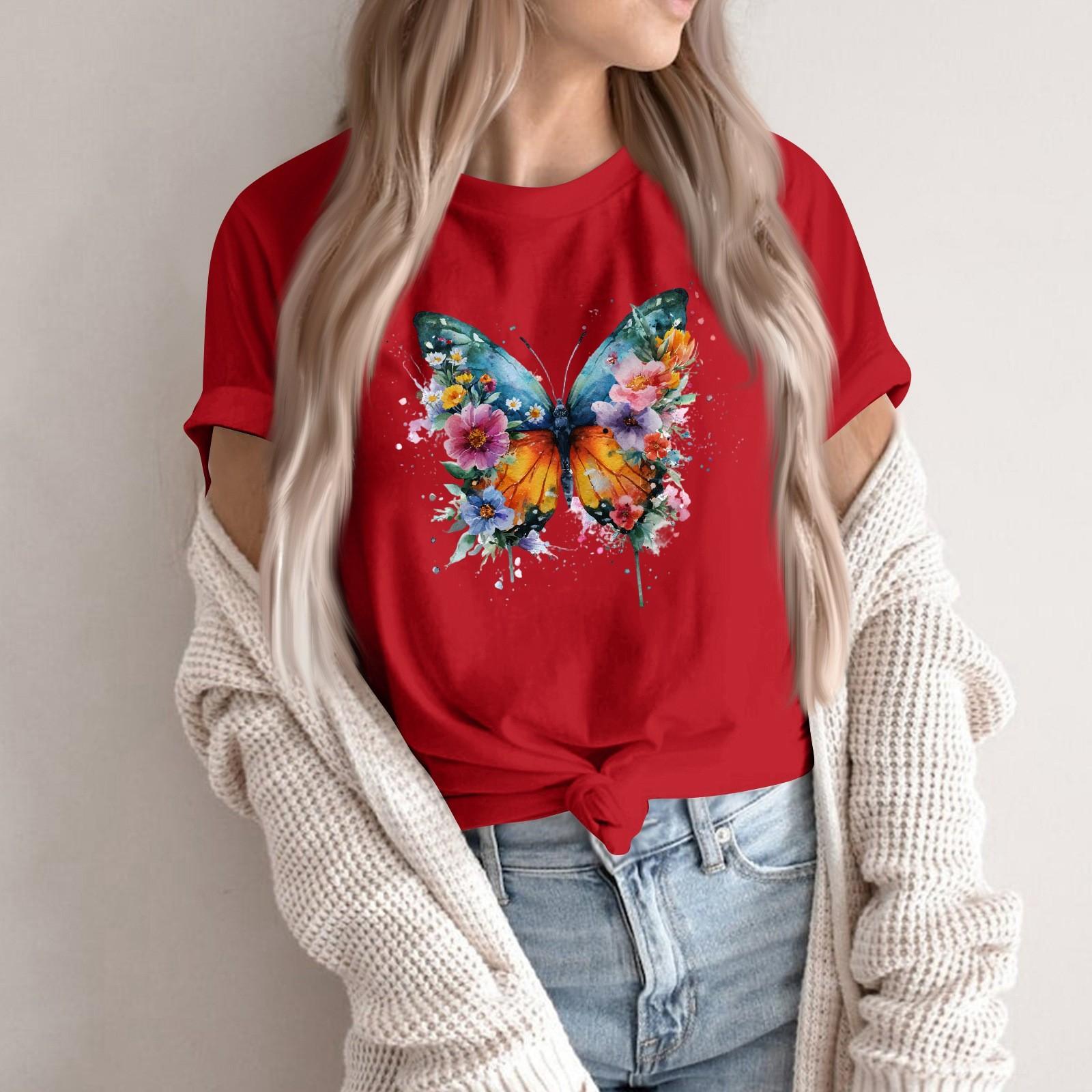 

Women s Fashion Casual Printed Round Neck Short Sleeved Pullover T-Shirt Top S красный