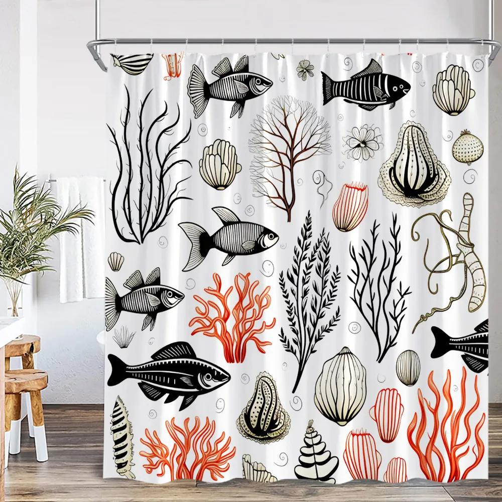 Nautical Cartoon Shower Curtain Tropical Fish Starfish Shell Seaweed Coral Underwater Bathroom Decoration Polyester Bath Curtain