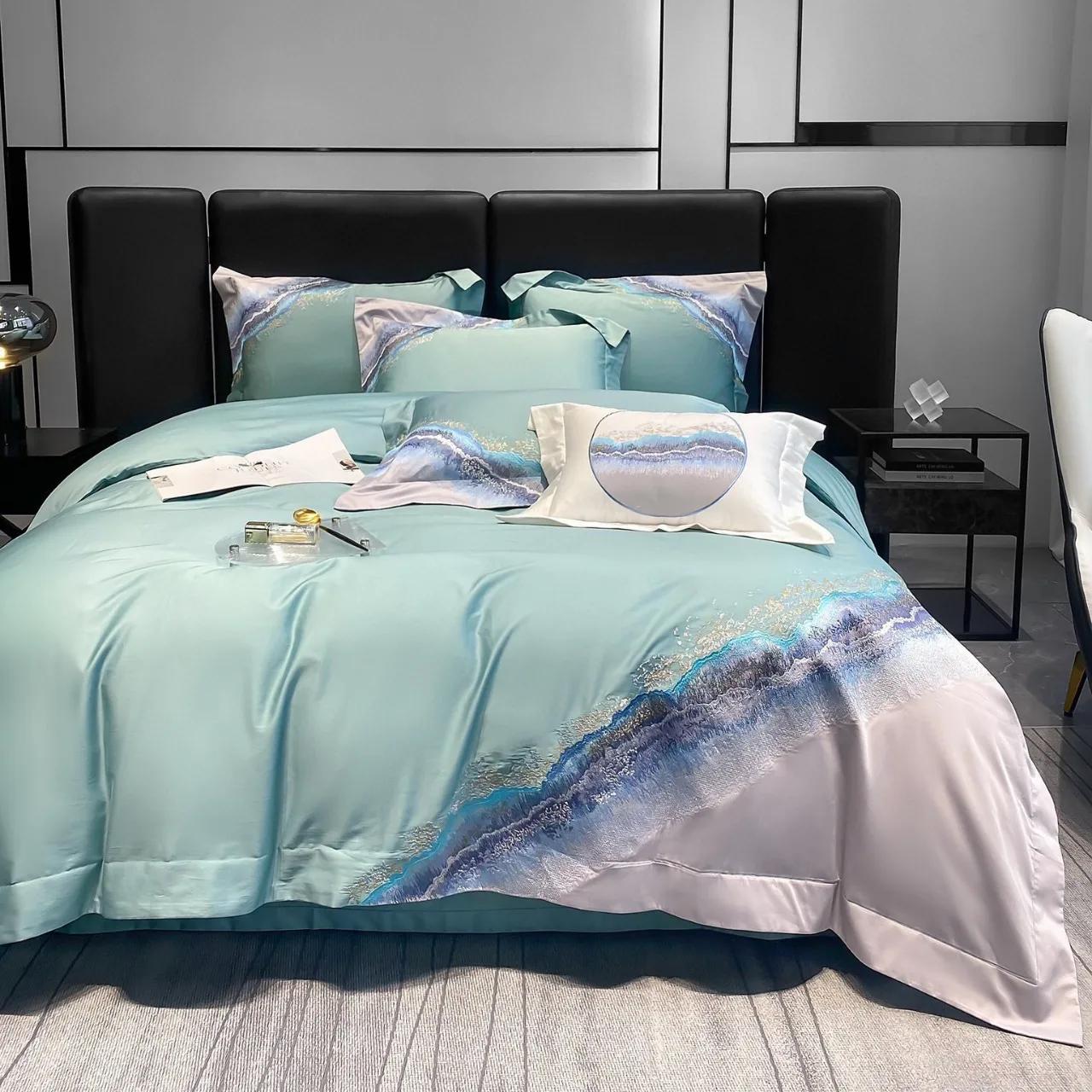 

Long staple cotton mountain and sea embroidery four piece set of pure cotton simple contrasting color bedding 200x230cm 4pcs-1&Flat Sheet