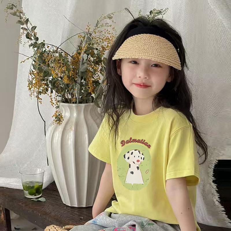 Girls Summer Cotton Cartoon Print T Shirt Loose Fit Round Neck Short Sleeve Top