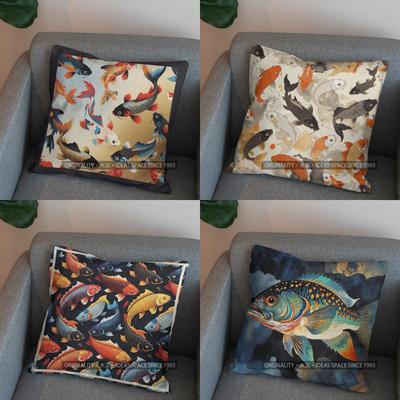 2D Colorful Koi Fish Pattern Decorative Pillow Cover Pattern Cushion Cover Suitable For Sofa Bedroom Car Pillow Cover