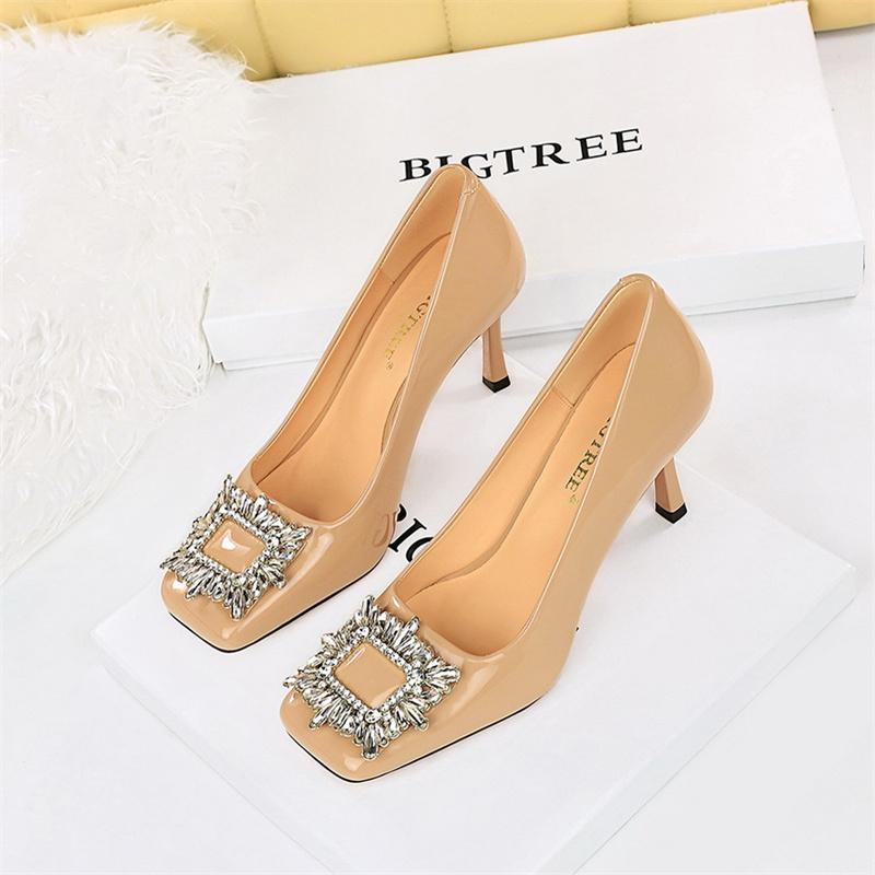 Fashion Elegant Women's Thin High Heels Shallow Mouth Cut Patent Leather Square Toe Metal Rhinestone Buckle Single Shoe