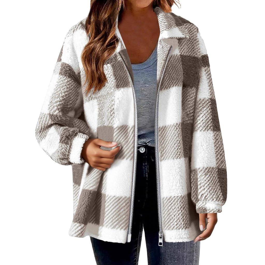 Fashionable Women's Plaid Lambskin Jacket With Pockets Button Plush Coat