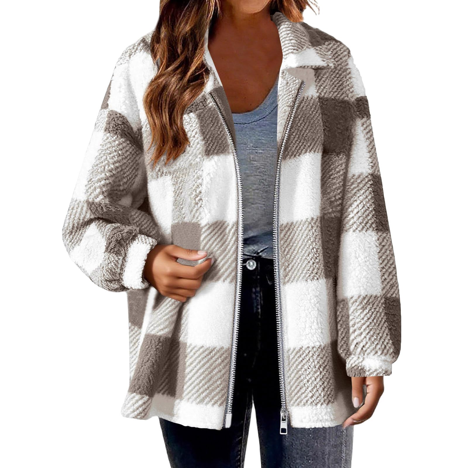 

Fashionable Women s Plaid Lambskin Jacket With Pockets Button Plush Coat L хаки