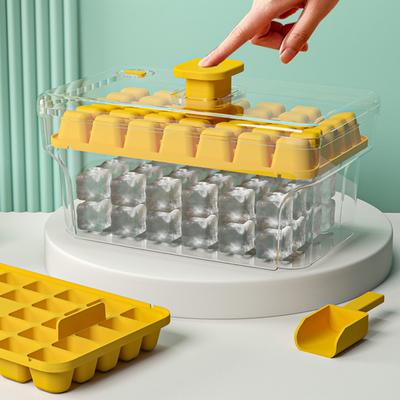 Ice Cube Mold with Lid Bin Ice Cube Trays for Freezer Top Button Design Reusable Mold with Ice Shovel for Whiskey Cocktail Coffee Kitchen Home