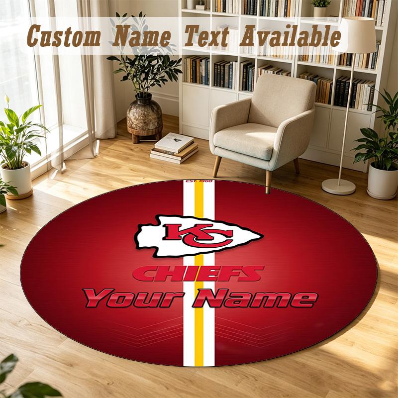 Round Rug Custom NameKansas City Chiefs Pattern Non Slip Carpet Home Floor Decor