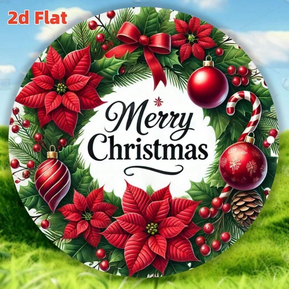 Vintage Christmas Wreath Metal Sign Merry Christmas Wall Decor Red Poinsettia Aluminum Art Weatherproof Outdoor Indoor Home Garden Cafe Bar