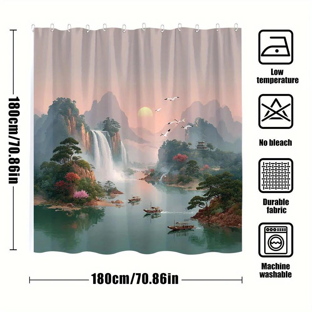 1Pc Misty Waterfall Bath Curtain - Serene Sunset Landscape With Cascading Falls, Pagoda & Colorful Flowers, Traditional Chinese