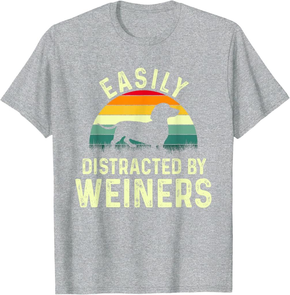 Easily Distracted By Weiners Dachshund Silhouette Unisexs Graphic TShirt Casual Cotton Tee