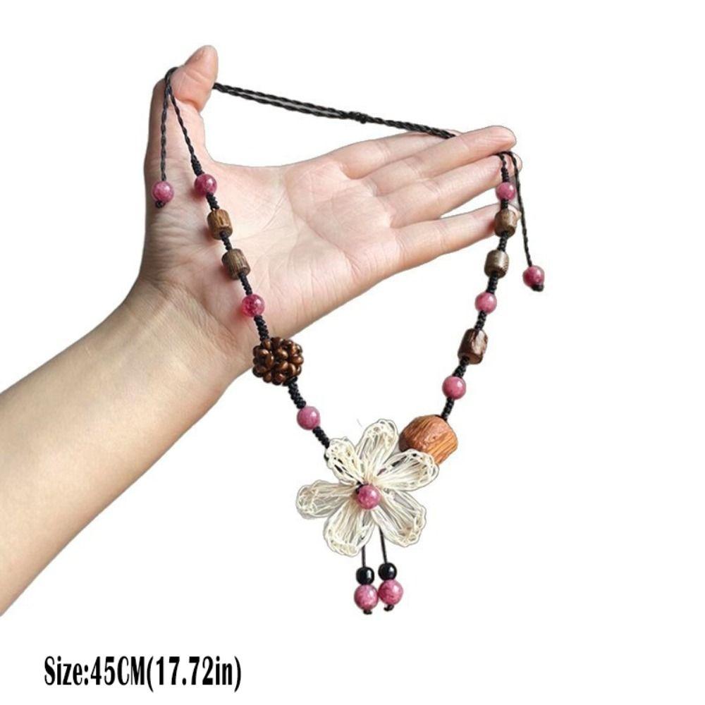 Retro Design Flower Beaded Necklace Weaving Technique Beaded Decoration Wood Bead Necklace Long Length Braided Rope Necklace