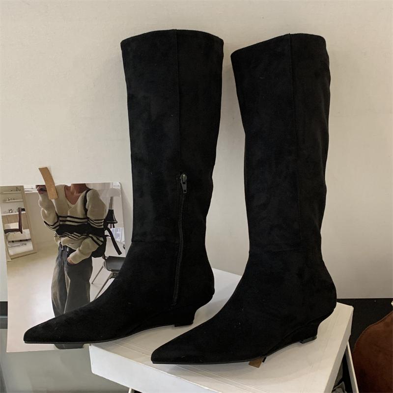 Fashion Eilyken Autumn Winter Vintage Design Pointed Toe Knee High Boots Women Wedges Heels Female Long Booties Zapatos De Muje