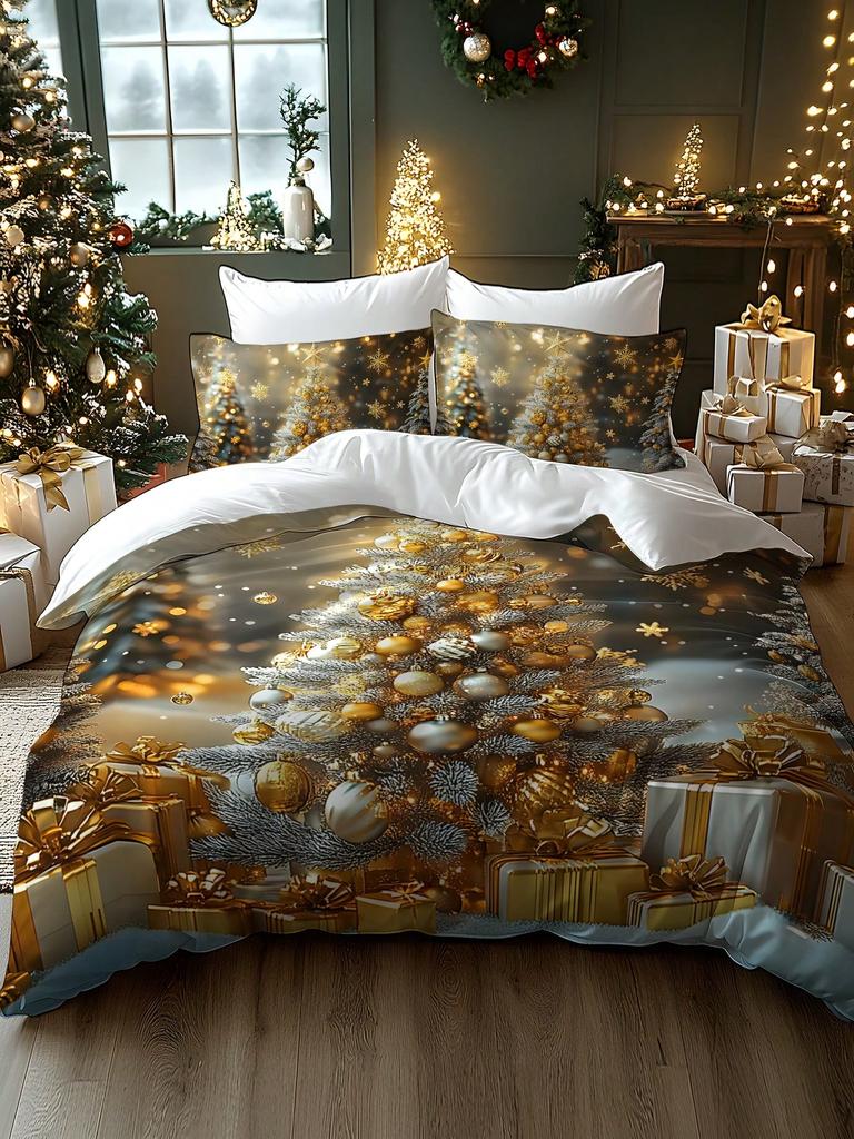 2/3pcs Christmas Tree, Gift, Snowflake, Deer, Santa Claus Pattern Digital Printing Brushed Duvet Cover Set, Soft & Comfortable