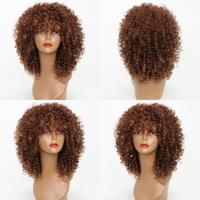 LISI HAIR Women's Short Afro Kinky Curly Wigs With Bangs Ombre Brown Synthetic Wig Black Daily Party Headgear with Clips