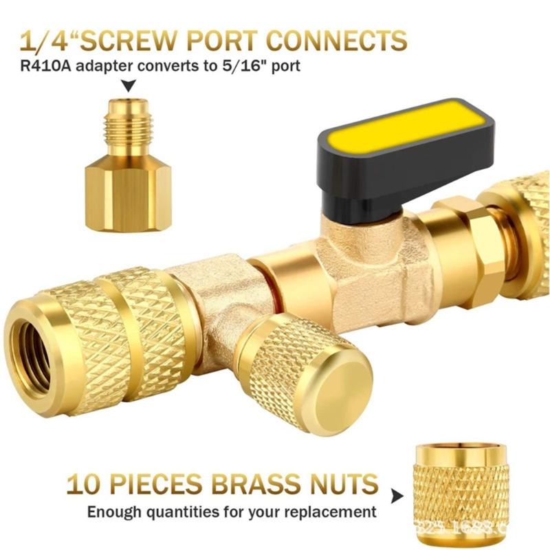 Small Ball Valves Core Extractor Kit Includes Brass Adapters Sealing Washers for R410A R22 32 Refrigerants Ports Use