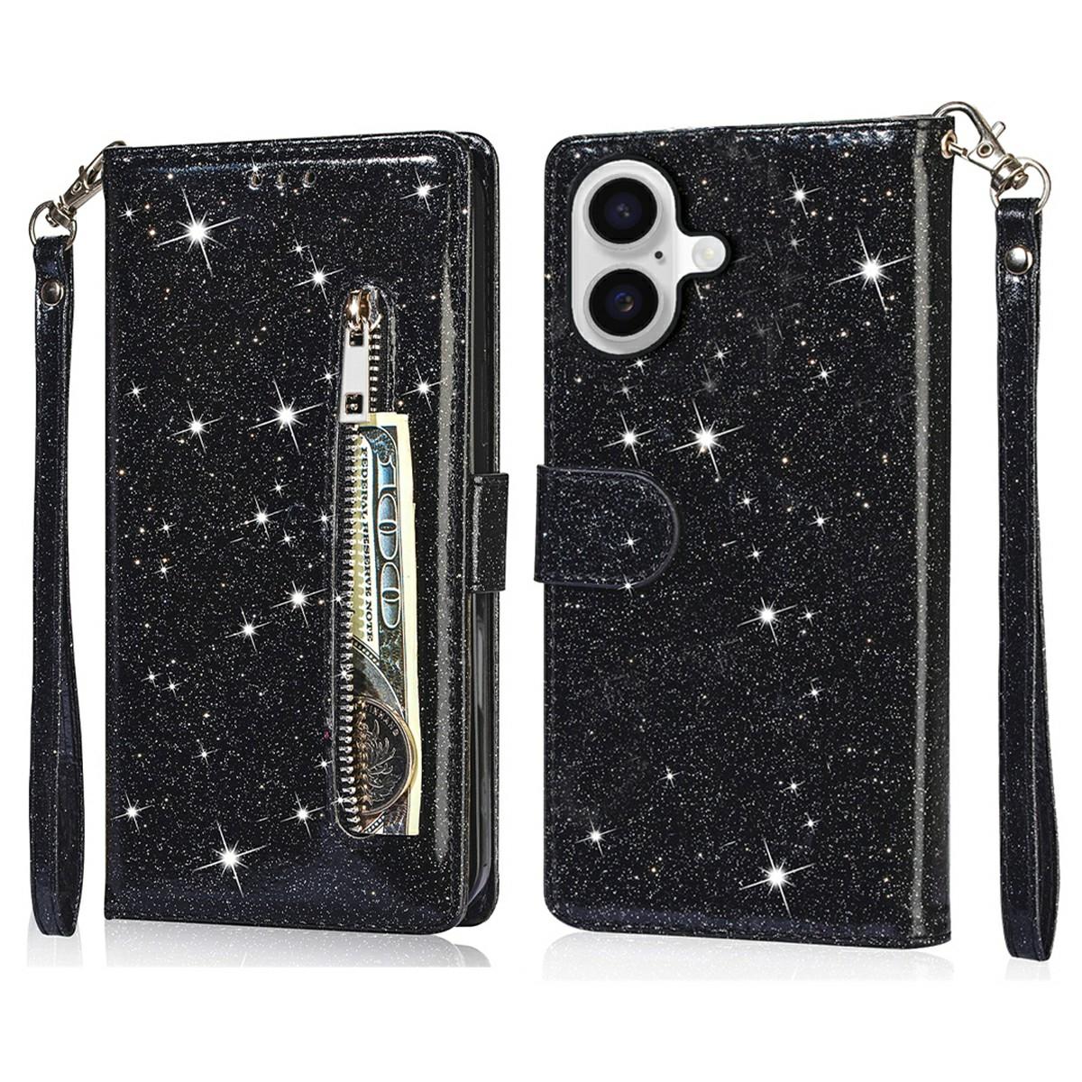 

Чехол-подставка для iPhone 17 с блестками, кожаный чехол для телефона с карманом на молнии Black