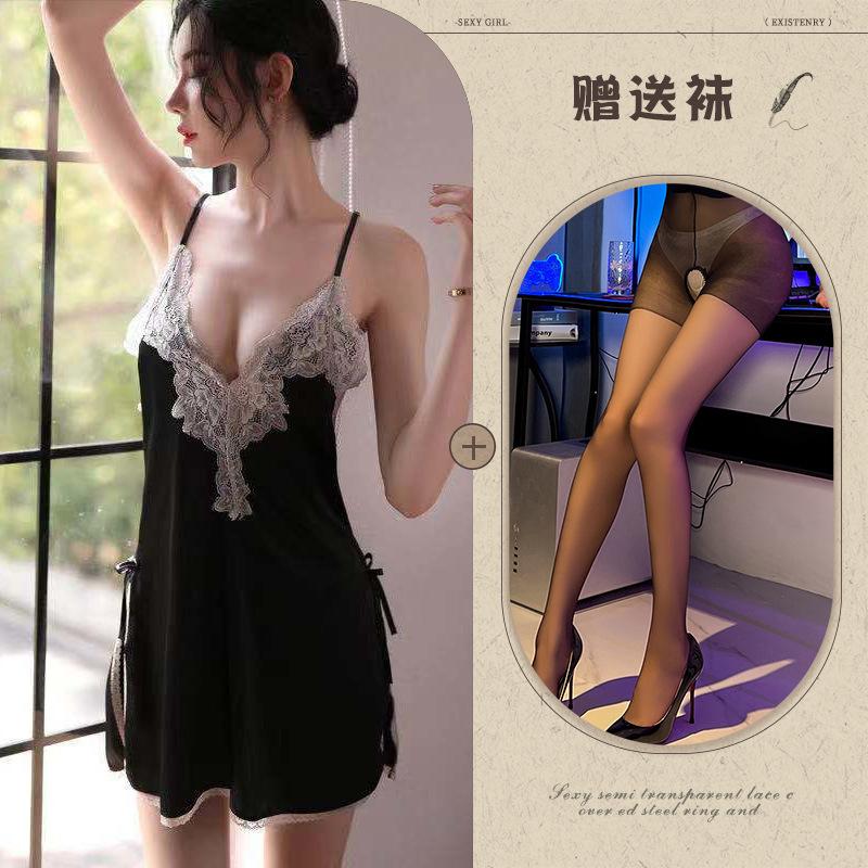 Fun underwear ice silk temptation sexy split-ended nightdress water-soluble flower hollow suspender pajama set