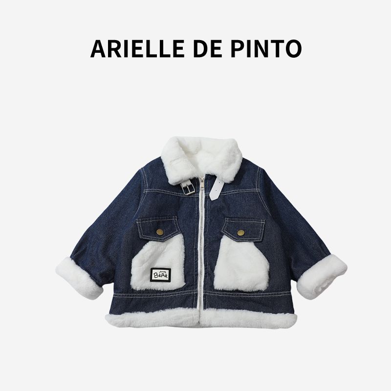 French Arielle De Pinto Girls  Denim Thickened Jacket Winter Fashion Stylish Fleece-Lined Clothing for Girls Dark Blue 120