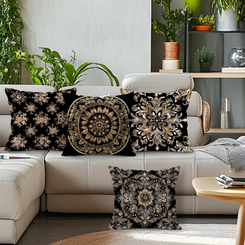 Home Decor Elegant Black And Gold Mandala Pattern Pillows Pattern Cushion Cover Suitable For Sofa Bedroom Car Pillow Cover