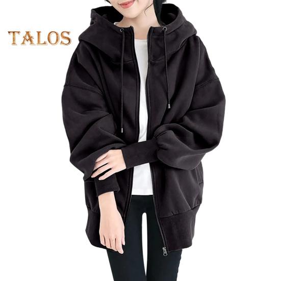 Women Thick Coat for Autumn Winter Warmth Solid Color Mid Length Fleece Jacket with Pockets Loose Zipper Hooded Coat for Daily Wear