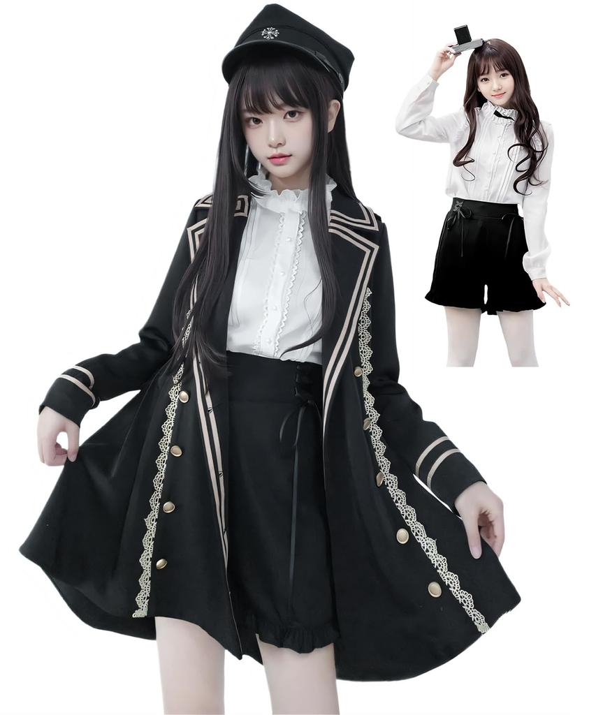 JIURUN Lolita Gothic Lolita Military Halloween Anime Mori Girl Trench Gothic Cute Costume, Uniform, Cosplay, Cosplay, Lolita, Coat, Shorts, Blouse,