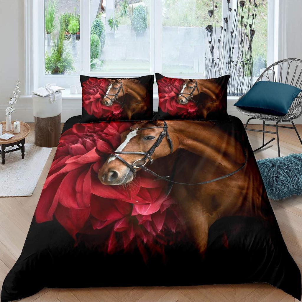 White Horse Pink Cherry Blossom King Full Bedding Set Watercolor Floral Duvet Cover Animal Quilt Cover Polyester Comforter Cover