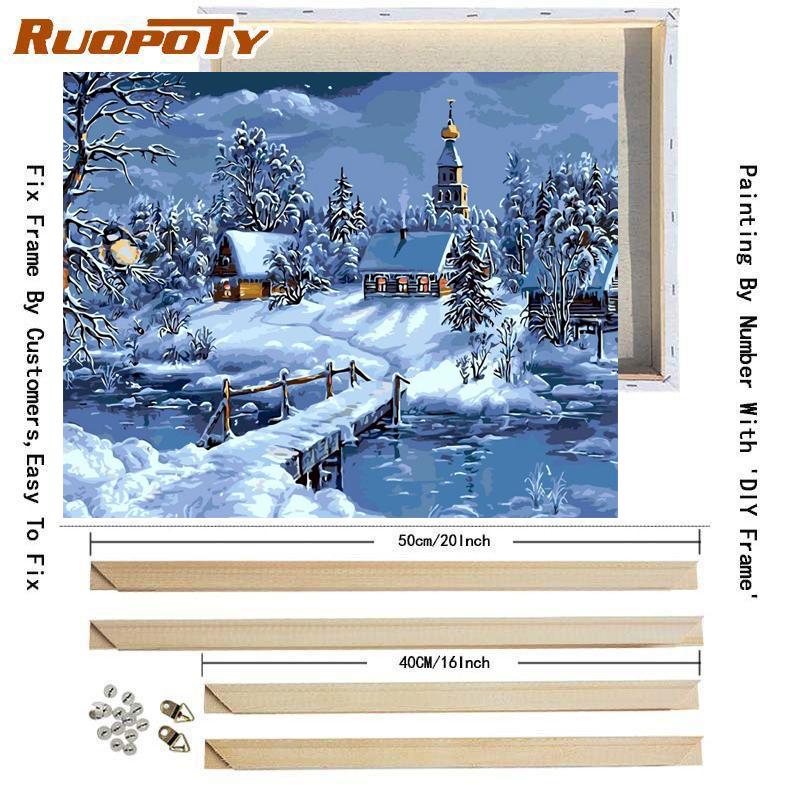 Rahmenmalen nach Zahlen für Starter-Set, Schneehaus, Landschaft, Weihnachtsgeschenk, Acrylfarbe auf Zahlen für Heimdekorationen, 40 x 50 cm