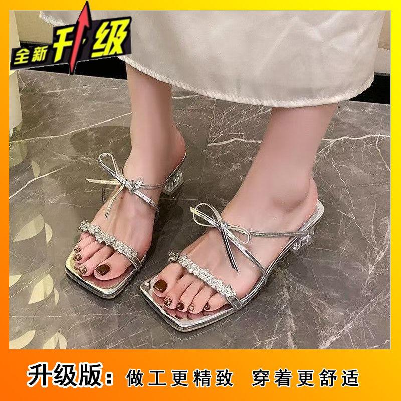 Beautiful French rhinestone bow slippers women's outer wear 2025 new summer fairy sandals temperament high heels