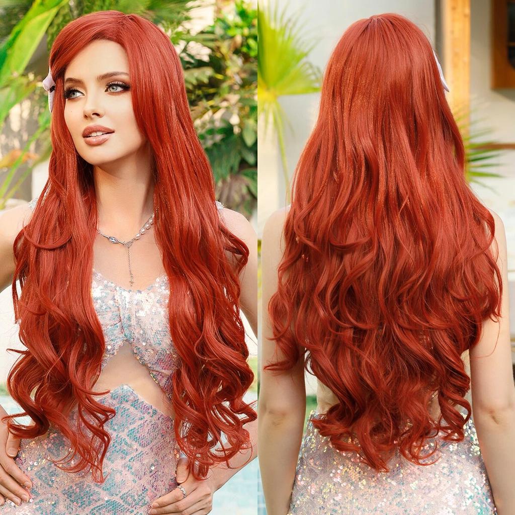 Perücke, synthetische, lange, lockige, orange-rote Meerjungfrau-Perücke mit Pony, lose gewellte Perücken für Frauen, Halloween-Party, Cosplay-Perücke