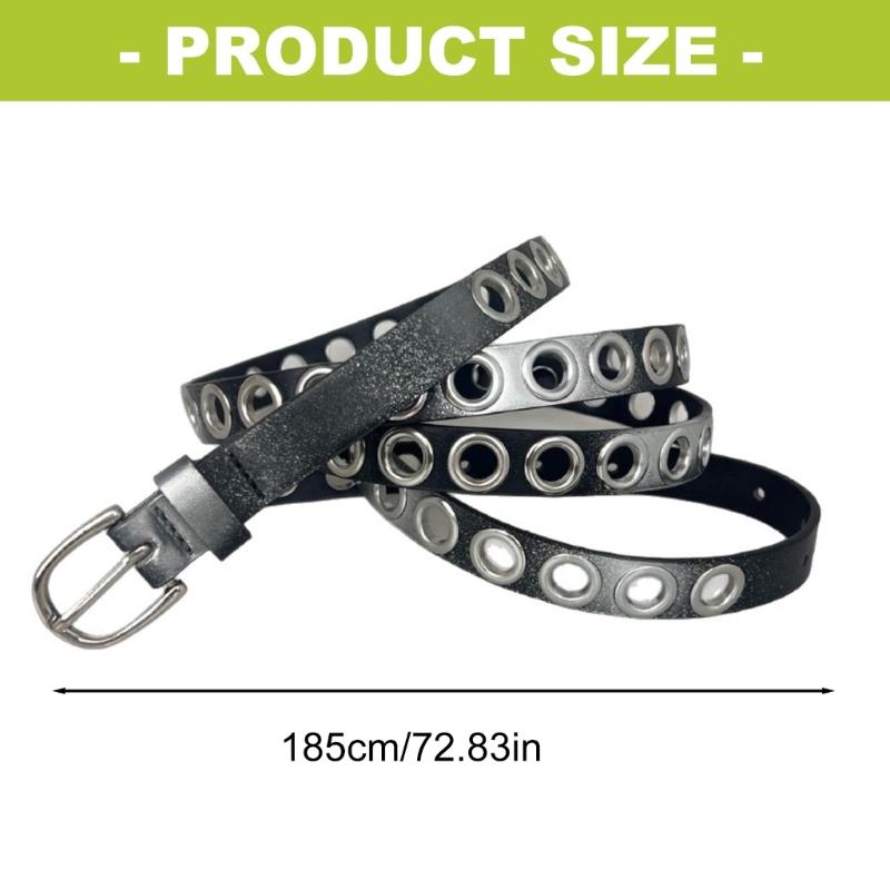Punk Large Eyelet Waist Belt Fashionable Gradient Silver Gray Waistband for Women Party Wear Extra Long Slim Design Belt