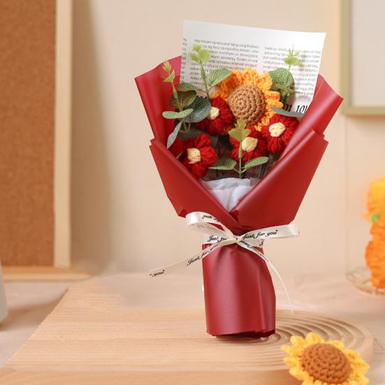 Crochet Flower Bouquet Handmade Knitted Positive Sunflower Artificial Yarn Flower Bouquet Gift for Mother's Day Valentine's Day Anniversary