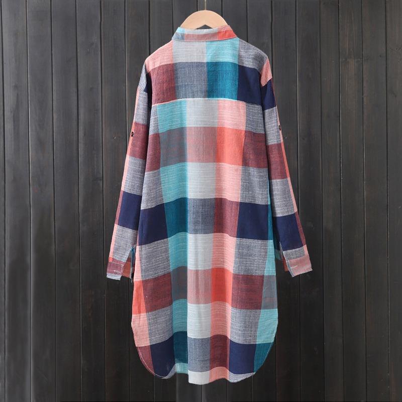 Cotton and linen shirt jacket women's summer thin sunscreen shirt medium and long long-sleeved top loose plaid shirt