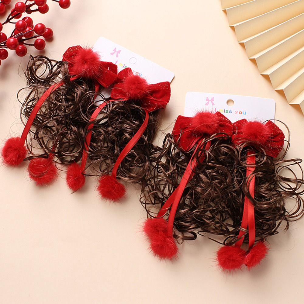 2pcs Chinese Style Baby Wig Hairpin Curly Red Bowknot Hairclip Children's Bow Wig  New Year Festive