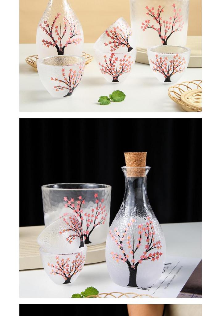 Cherry Blossom & Plum Glass Sake Set: Hand-Painted Pot & Cups