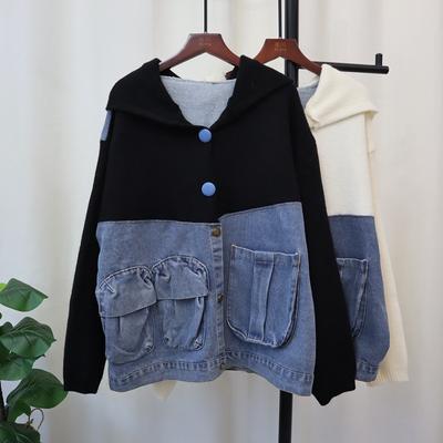Hooded Spliced Denim Sweater Jacket Autumn and Winter New Loose Casual Versatile Design Knitted Cardigan Women