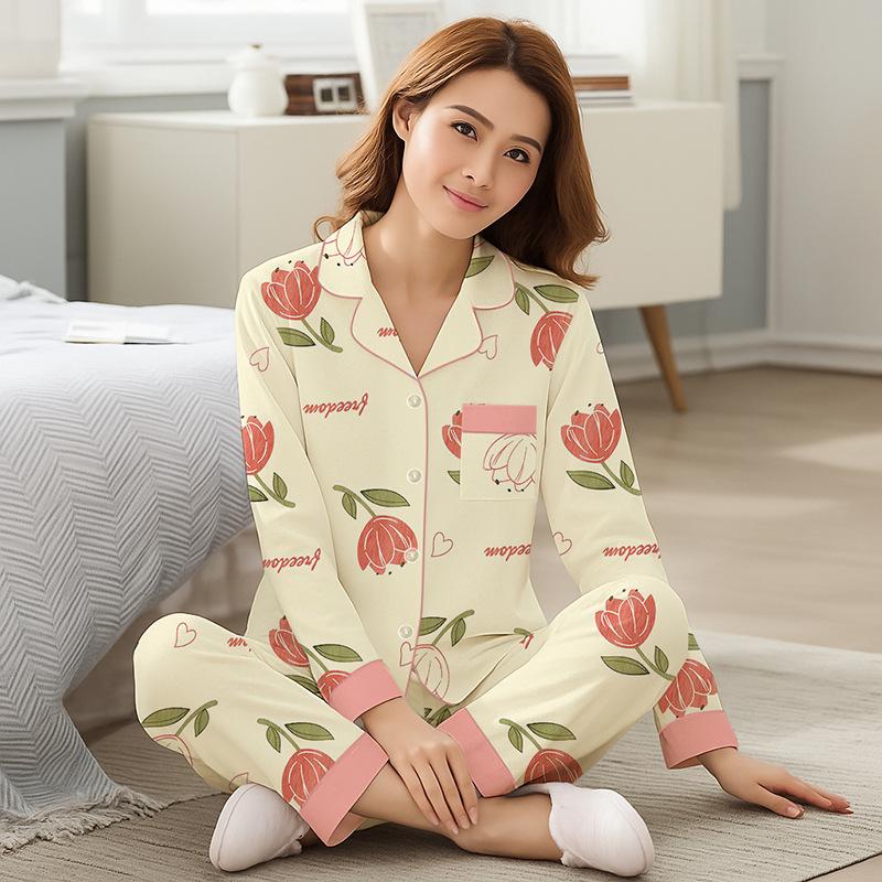 Spring and Autumn Mid-mother Large-size Loungewear Imitation Cotton Long-sleeved High-value Pajamas Women's Floral Cardigan Set