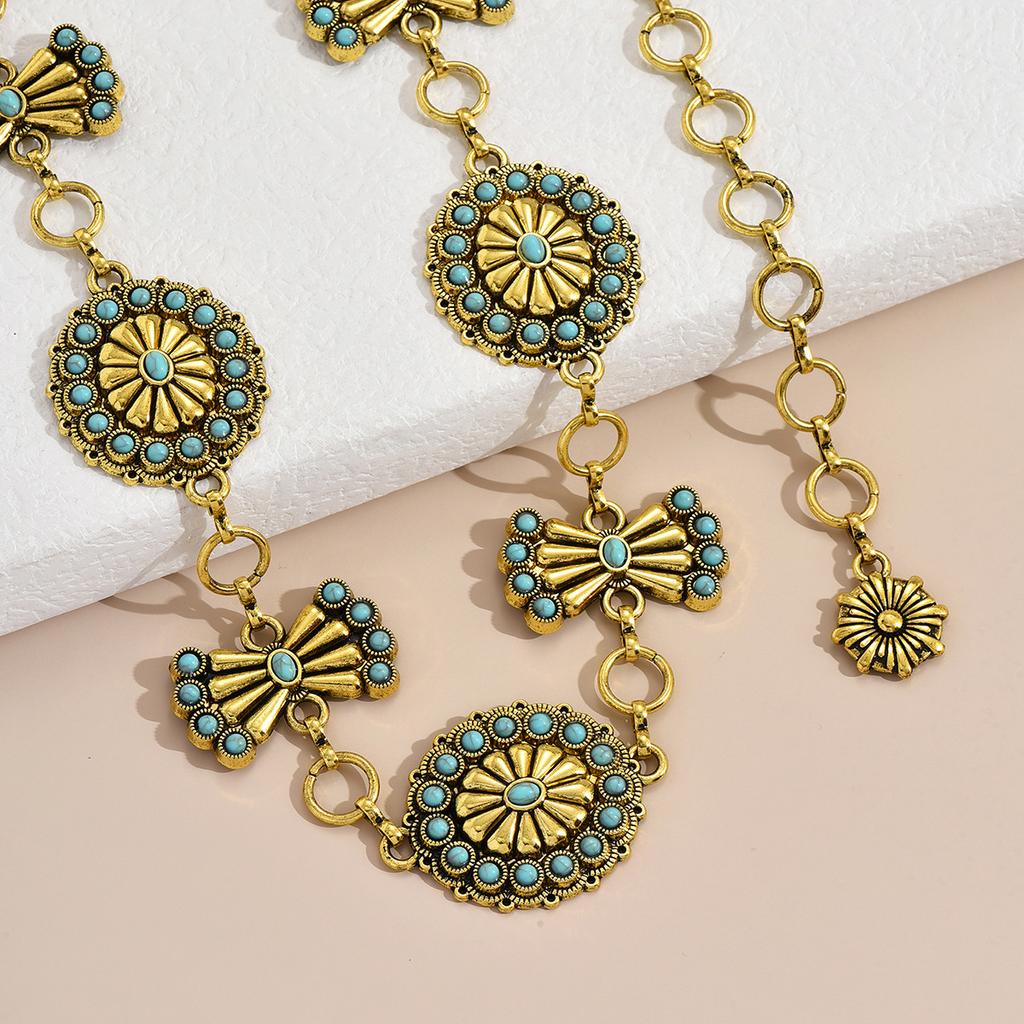 Women's Exquisite Heavy Industry Turquoise Inlaid with Fashionable Palace Style Heavy Metal Waist Chain Elegant Belt