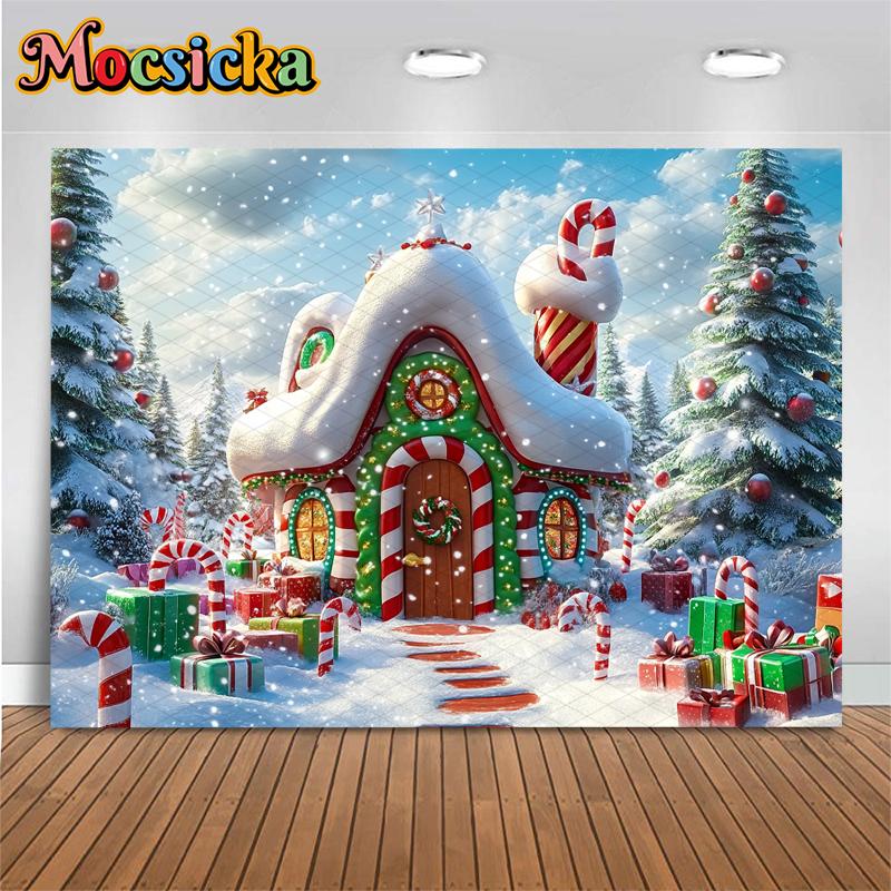Mocsicka Christmas House Photography Background Xmas Tree Snowflake Lollipop Gifts Decoration Child Family Party Backdrop Banner