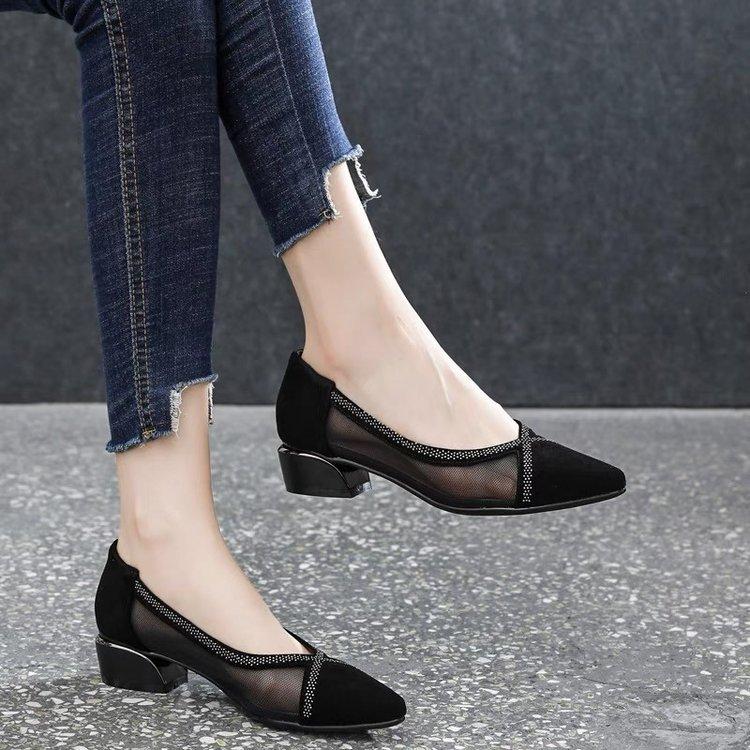 Breathable Mesh Sandals Women's 2025 New Summer Pointed Head Shallow Mouth Single Shoes Thick Heel Flat Bottom Versatile Comfortable Small Leather
