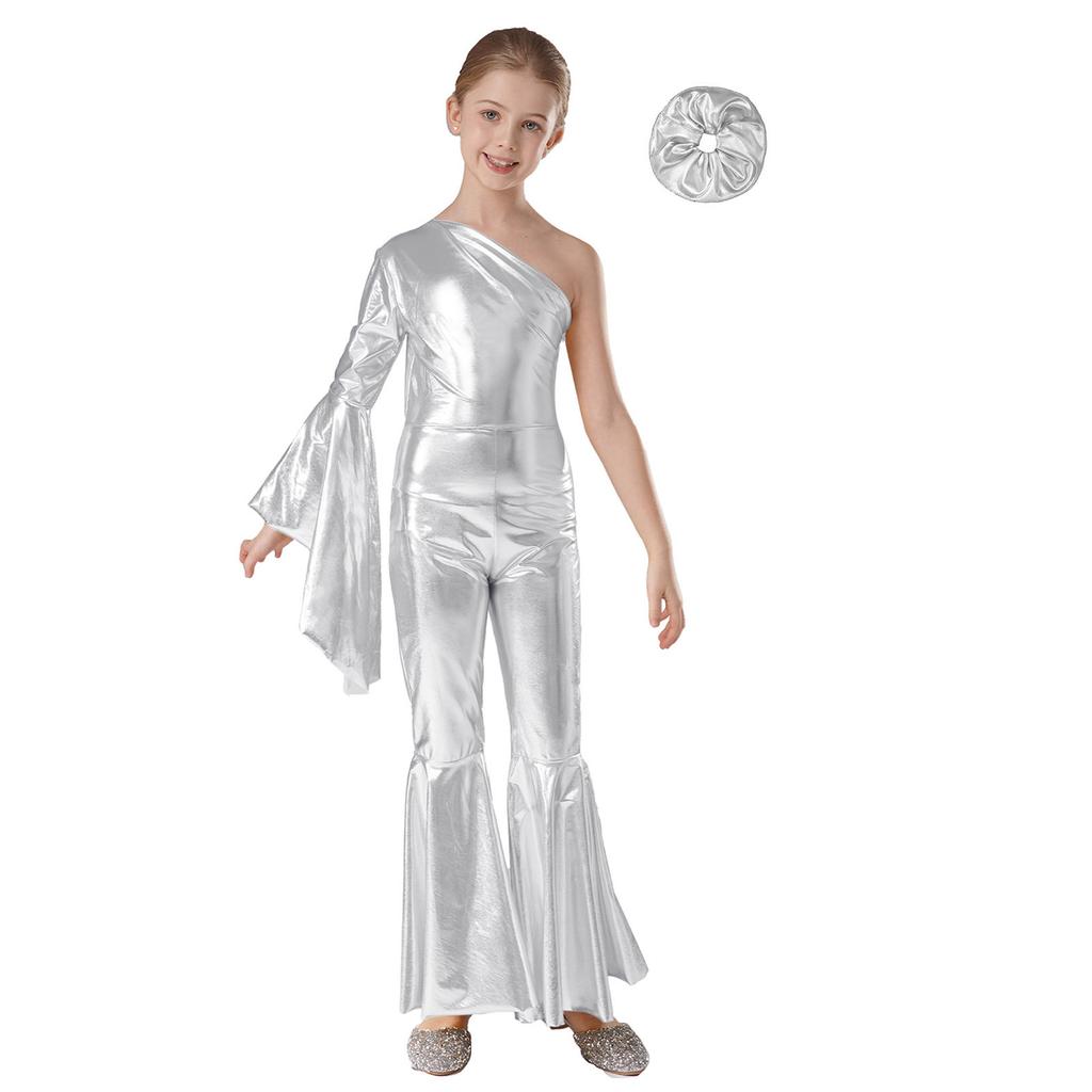 Fete Costum de Dans Lucios Pantaloni Clopot Mânecă Evazată Mânecă Un Umăr Jumpsuit Fashion Accesorii de Păr Piesă de Cap pentru Spectacole