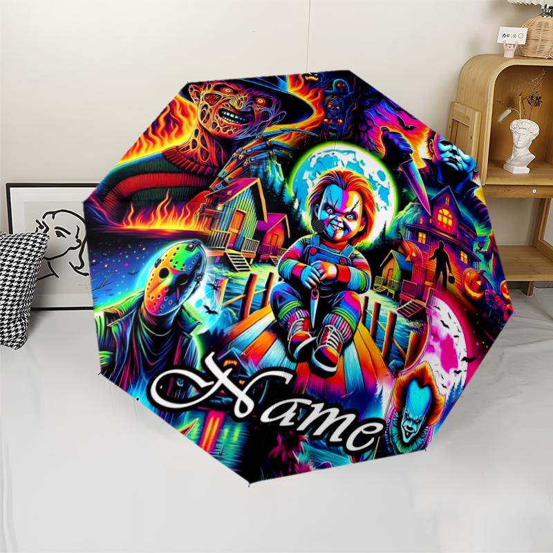Custom Name Halloween horror Theme Automatic Umbrella, Lightweight & Portable, 8 Rib, Perfect for Outdoor Travel, Birthdays, Christmas, Gifts.