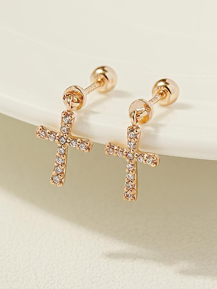 Minimalpiercing 14K Modern Cubic Cross Drop Piercing Earrings
