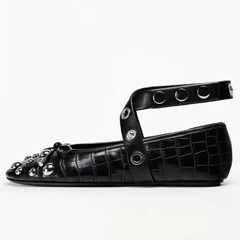 

Модные балетки с отделкой заклепками и бантом, женские туфли в панк-стиле, с ремешком из мягкой кожи Мэри Джейн, женские удобные повседневные туфли для танцев 41 чёрный