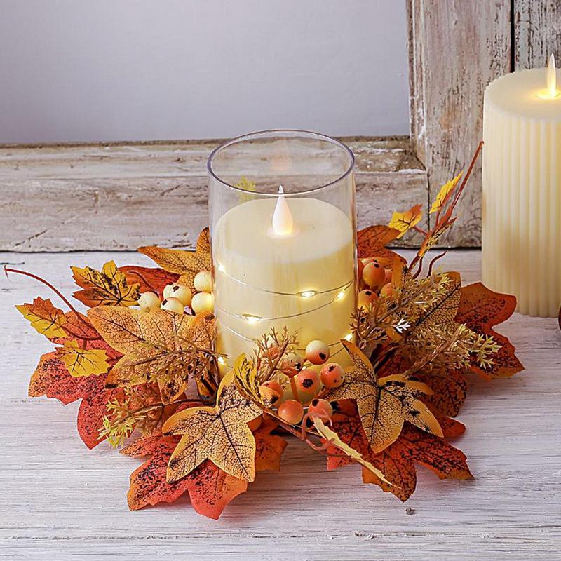Fall Candle Ring Artificial Maple Leaves Wreath Ring Mini Autumn Wreath Rustic Fall Candle Holders for Bar Home Lit Wreath