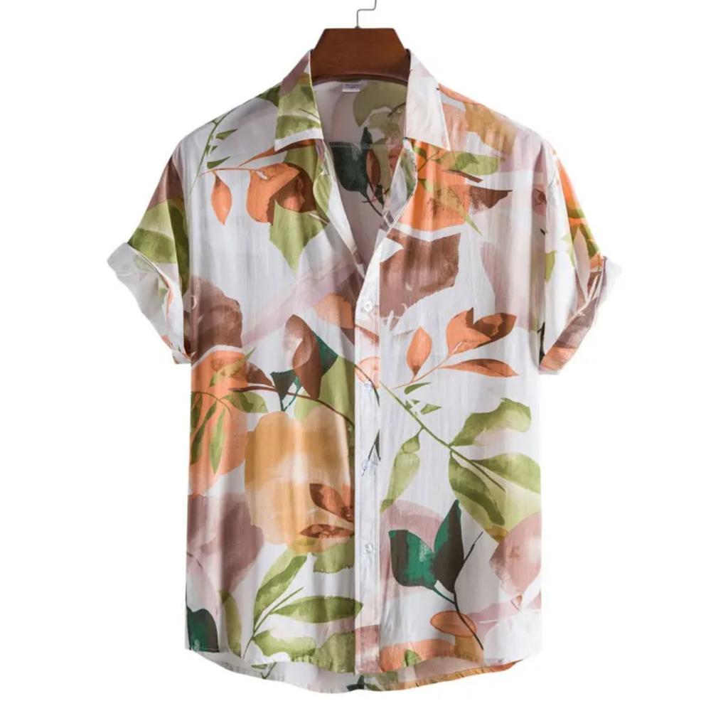 Men's Summer Breathable Plant Print Shirt Hawaiian Seaside Comfortable Short Sleeved Fashionable Design New Model Cool