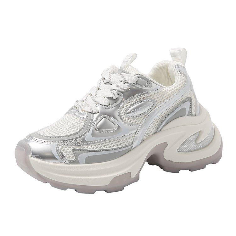 

Women Breathable Mesh Chunky Platform Sneakers 2025 Spring Leisure Comfort Thick Bottom Shoes Ladies Lace Up Sliver Casual Shoes 40