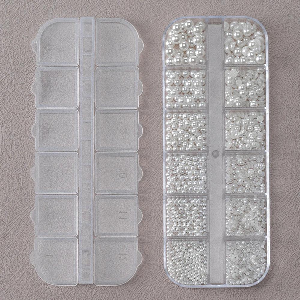 12Grids 3D Mixed White Pearls Nail Charms 0.15-0.5mm Round/Semicircle Pearl Beads Nail Art Rhinestones DIY Manicure Accessories