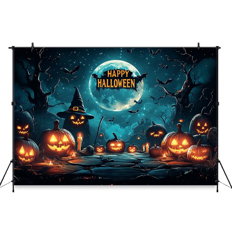 Mocsicka Happy Halloween Background For Photography Jack-O-Lanterns Party Backdrop Night Moon Bat Wizard Pumpkin Decor Photocall