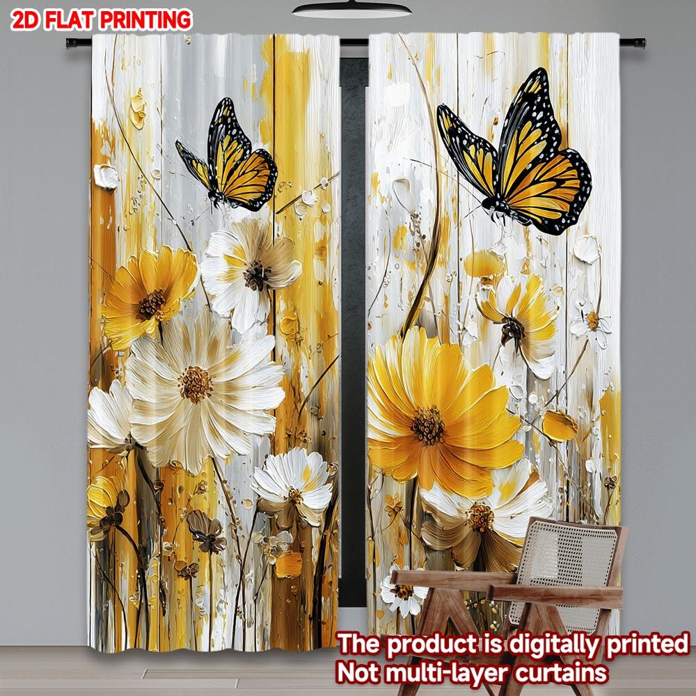 2pcs Butterfly Flower Curtains  Bright Yellow White Blooms with Black Yellow Butterfly Pattern for Cozy Bedroom Decor