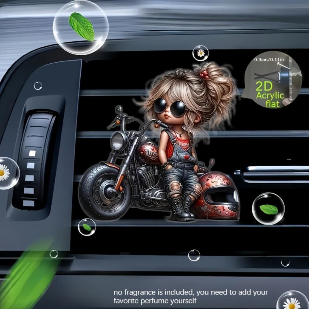 2D Flat Motorcycle Girl Car Vent Clip Decorative Diffuser (fragrance Not Included), Car Interior Decoration, Aromatherapy Clip,ideal for Holiday Gifts