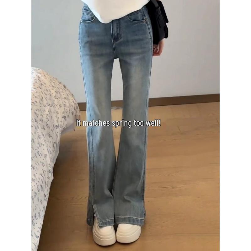 Light Blue High-Waisted Stretchy Bell Bottom Jeans for Women - Autumn 2025 Plus Size Floor-Length Micro-Flare Pants